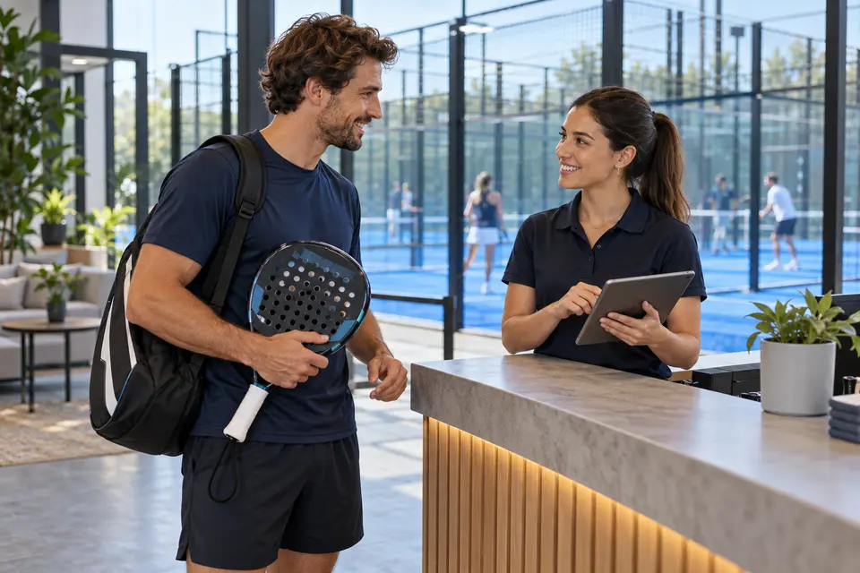 Illustrative Szene eines Spielers, der eine Padel-Sitzung bei einem Clubempfang plant